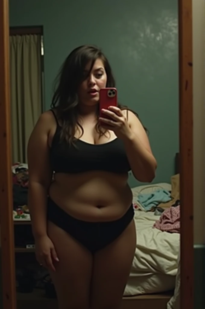 Phone photo: A thick sexy woman stands in front of a mirror, capturing a selfie. The image quality is grainy, with a slight blur softening the details. The lighting is dim, casting shadows that obscure her features. The room is cluttered, with clothes strewn across the bed and an unmade blanket. Her expression is casual, full of concentration, while the old iPhone struggles to focus, giving the photo an authentic, unpolished feel. The mirror shows smudges and fingerprints, adding to the raw, everyday atmosphere of the scene.