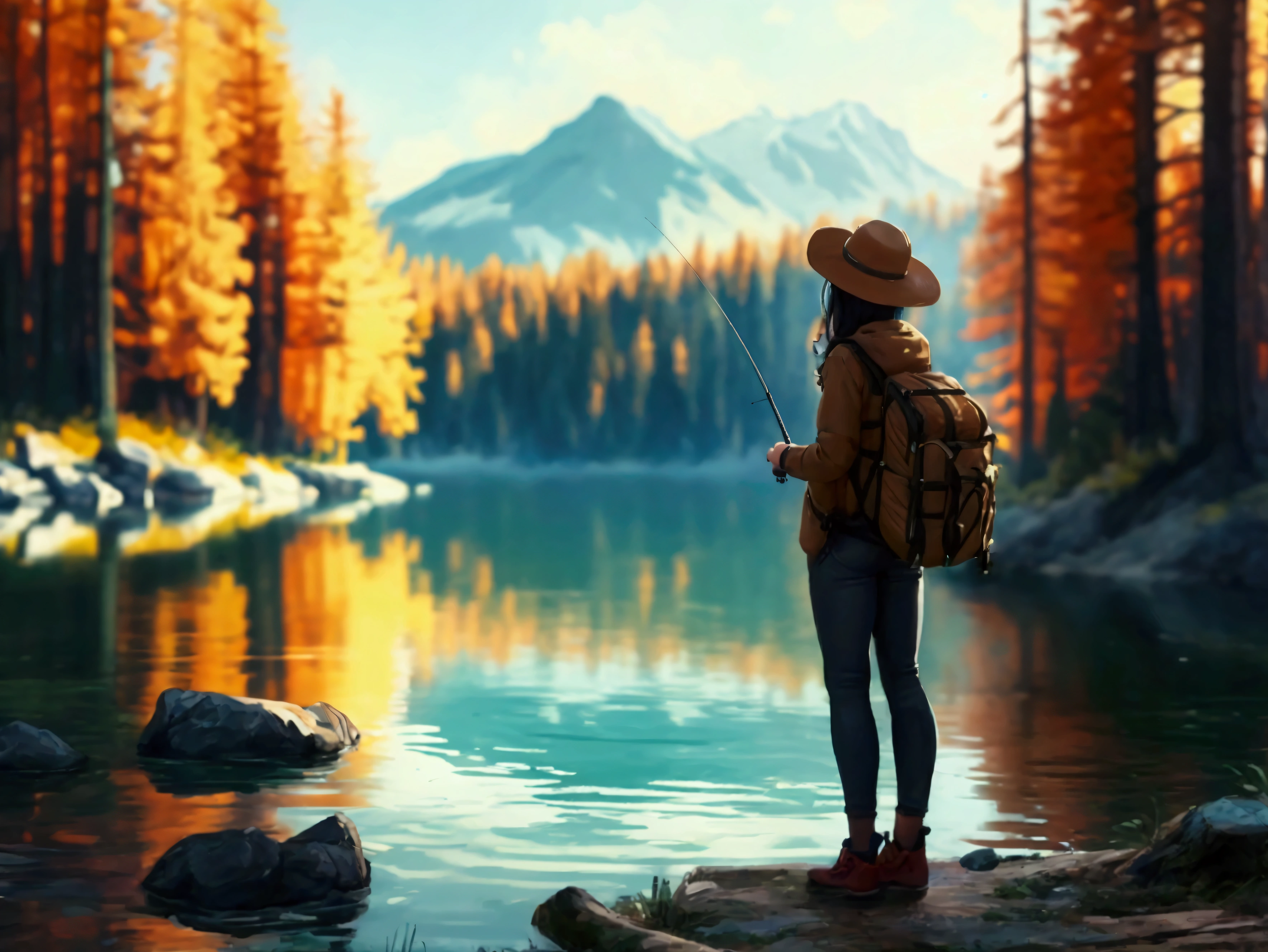 Huge lake, Pine forest, A female traveler, Fishing in the lake, UHD, anatomically correct, masterpiece, textured skin, high quality, award winning, 16k, 1080P