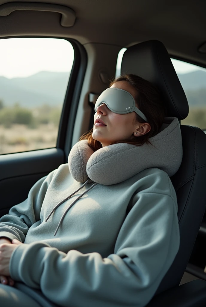 Person with hooded sweater neck pillow and sleep mask on a car trip
