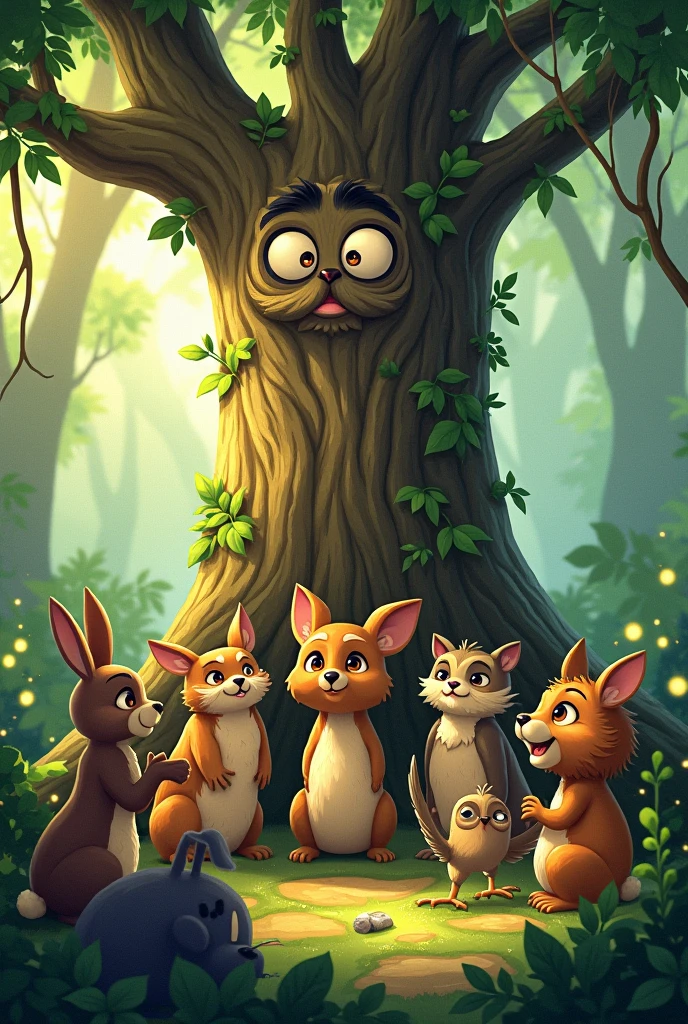 Illustration: Punong Hari with a wise expression, surrounded by curious animals. The animals appear excited, with exaggerated expressions of eagerness as they listen to the tree.
