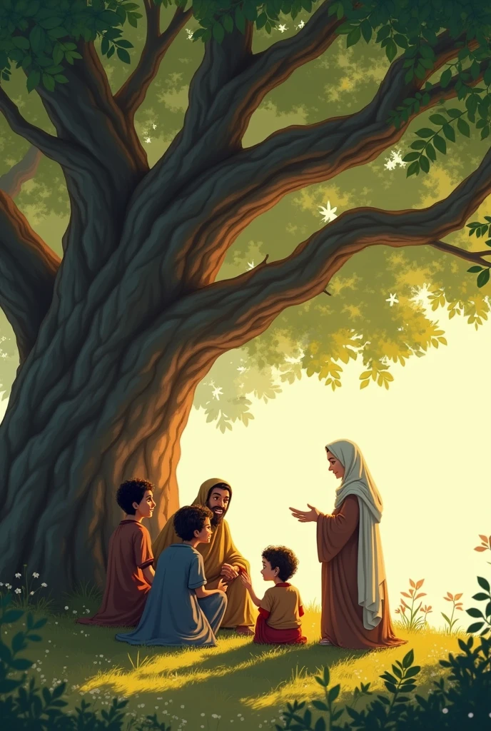 One evening, their grandmother gathered them under the shade of an old, large tree. "Today, I will tell you a story inspired by Surah Rahman, the chapter of the Quran that speaks of Allah's countless blessings," she said with a gentle smile.