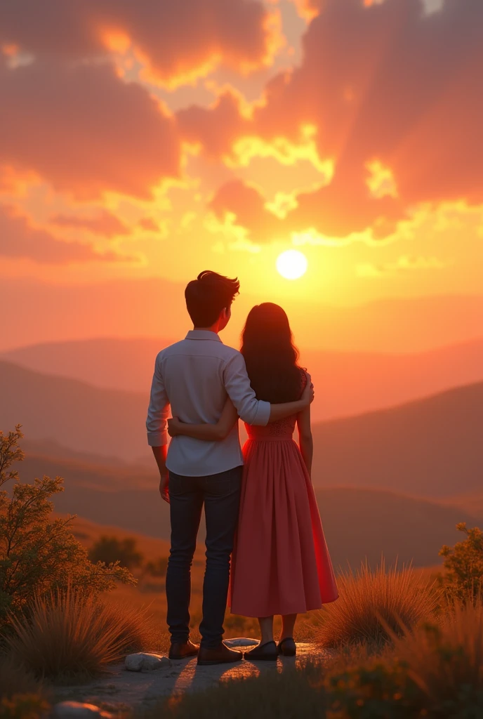 In cenamatic 3d cartoon style "The final scene shows Muskan and Aryan back on the hilltop, but now they are standing closer, their arms around each other, gazing out at the horizon. The sun is rising, symbolizing the beginning of their life together."
