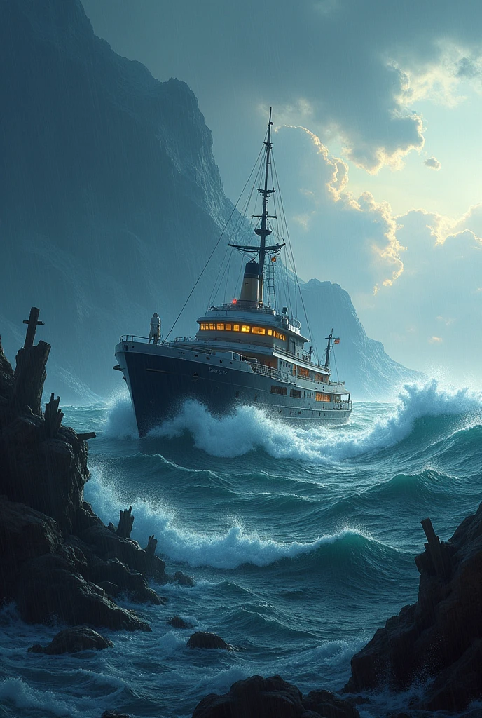 Storm big waves almost sink the ship, there are wrecks of other ships nearby , a modern ship sails on the waves to the lighthouse, his windows are lit with a yellow light and in the distance a candle shows him the way like a lighthouse. One of the waves hits the ship 