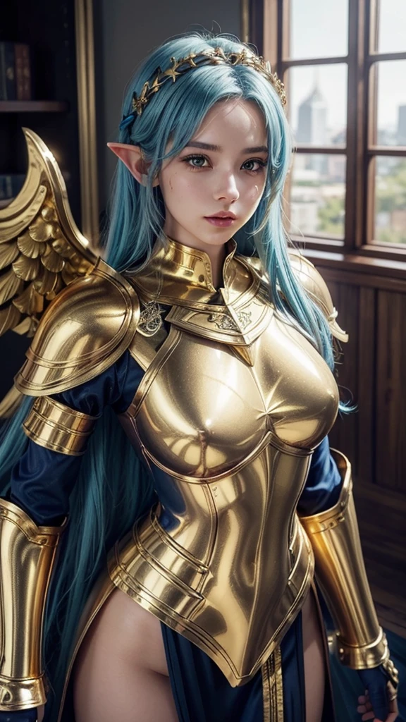 a woman in a gold outfit and blue hair posing for a picture, portrait knights of zodiac girl, knights of zodiac girl, angelic golden armor, mystical atlantean valkyrie, armor girl, stunning armor, golden armor, beautiful armor, goddess. extremely high detail, extremely detailed artgerm, alluring elf princess knight, gold heavy armor. dramatic
