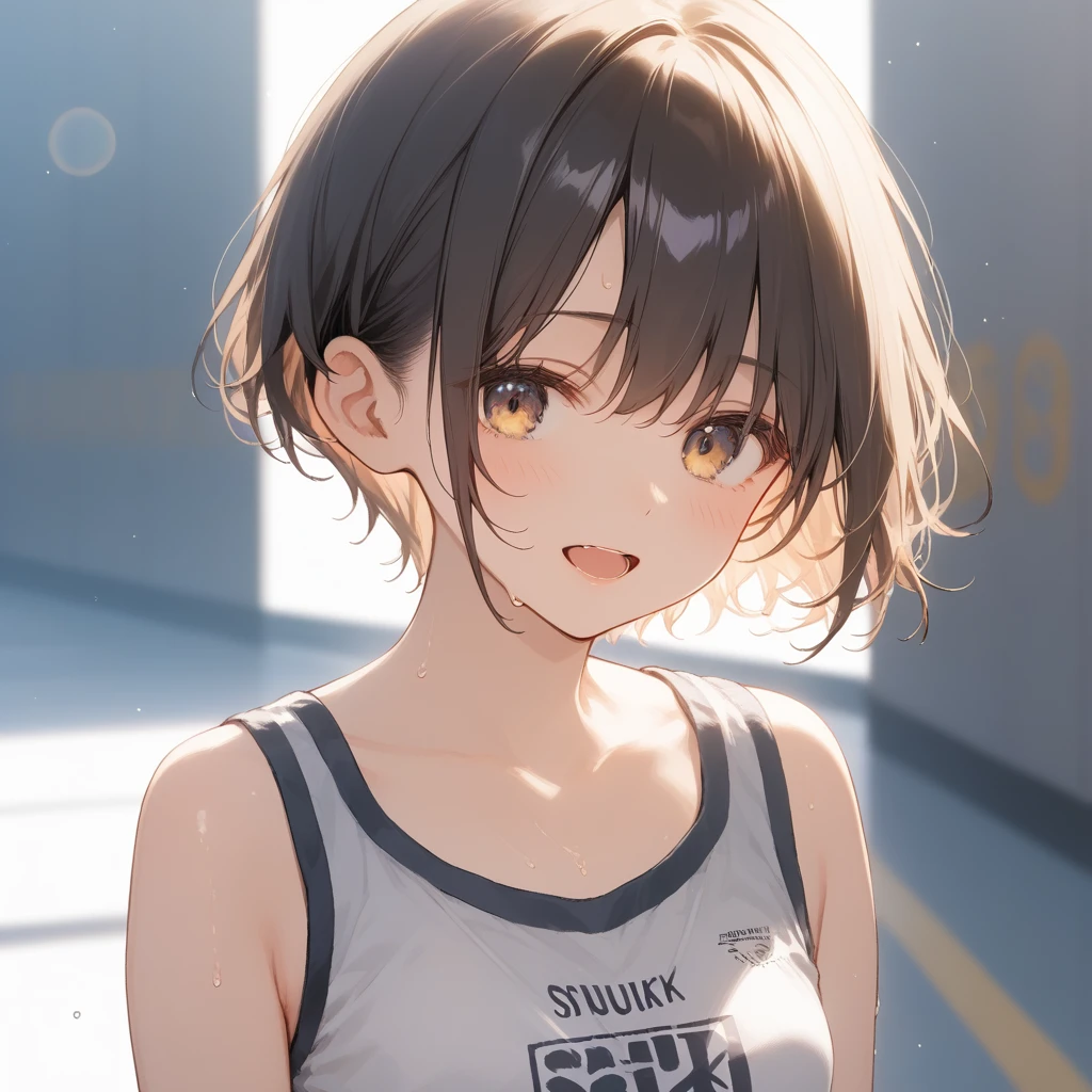 score_9, score_8_up, score_7_up, source_anime, best quality, masterpiece, official art, absurdres, highres, ultra-detailed,waifu2x,Collection: Slice of Life,break,1girl, short hair, pixie cut, flipped hair, small breasts, beautiful (well-shaped) breasts,beautiful detailed eyes, sweat, gym shorts, (wavy mouth:0.3), open mouth, outdoors, (Detailed Lighting), (Detailed background),break,(clear line illustration:1.2), super detailed skin,very high resolution, very aesthetic, Best sexual lighting powered by famous artist, 8k, 16k, cute picture,beauty illustration,photoshop_(medium),,(Detailed Lighting),best anime 8k konachan wallpaper, pixiv contest winner,