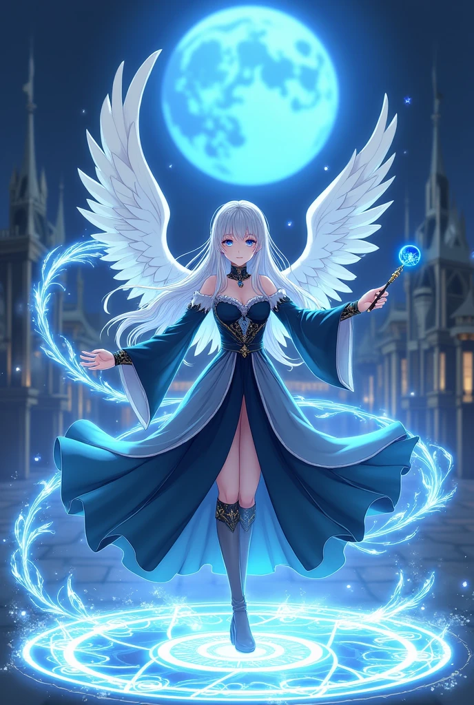 Russian、、Young、clear、Elegance、noble、Gray Hair、Silver Hair、Long Hair、Soft Hair、Blue Moon Night、city、noble、Light blue and black dress、Spreading Dresses、Anime Face、Big eyes、Bright Face、popular person、Magical girl、jump、The magic of light、magic circle、Large white wings growing from his back、Magic wand with a big blue ball、Paladin