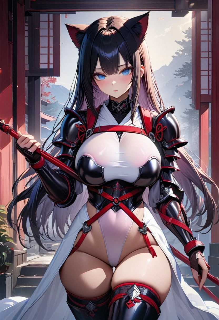 ((solo)), 1girl, ((curvy)), ((skindantation: 1.2)), perfect face, ((azur lane)), ((Samurai Armor)), ((skin-tight light pink leotard)), ((Red rope body harness: 1.3)), (ultra high leg cut: 1.2), ((samurai armor breastplate )), (gauntlet), ((black glossy hair long straight hair)), ((Compressed soft large breasts)), (thighs), ((tight thigh boots)), ((See-through black cleavage)), zettairyouiki, Perfect and beautiful blue eyes, Perfect hands, perfect fingers, Cat ears, (makeup: 0.8), (cameltoe: 0.8), cowboy shot, Holding a spear in hand, Ready your spear, ((UHD)), ((masterpiece)), ((hyperrealistic)), anatomically correct, accurate, high quality, extremely detailed,  