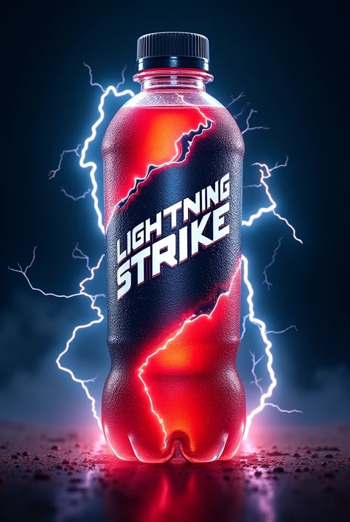  Here's a detailed description of the *Lightning Strike* energy drink bottle:

---

**Product Name**: *Lightning Strike*

**Bottle Design**:
- **Shape**: The bottle is sleek and ergonomic, designed for easy grip. It's similar in shape to the Sting energy drink bottle, with smooth curves and a comfortable hold.
- **Material**: Made from transparent plastic, allowing the vibrant red liquid inside to be clearly visible, creating a striking contrast with the label.
- **Cap**: The bottle has a screw cap, ensuring it can be easily opened and securely closed.

**Design**:
- **Color Scheme**: features a bold design with a dark, electric blue background, accentuated by metallic silver and white highlights.
- **Text**: The name "Lightning Strike" is written in a bold, electrifying font that seems to buzz with energy. The text is large and centered on the label, making it the focal point of the design.
- **Graphics**: Surrounding the text are dynamic lightning bolt graphics that wrap around the bottle, emphasizing the energy and power associated with the drink. The bolts are sharp and bright, adding a sense of motion and excitement to the label.

Don't add unfamiliar wordd wtf is ingruitearel?? Remove the 'door tnrn koture chessence" and under that