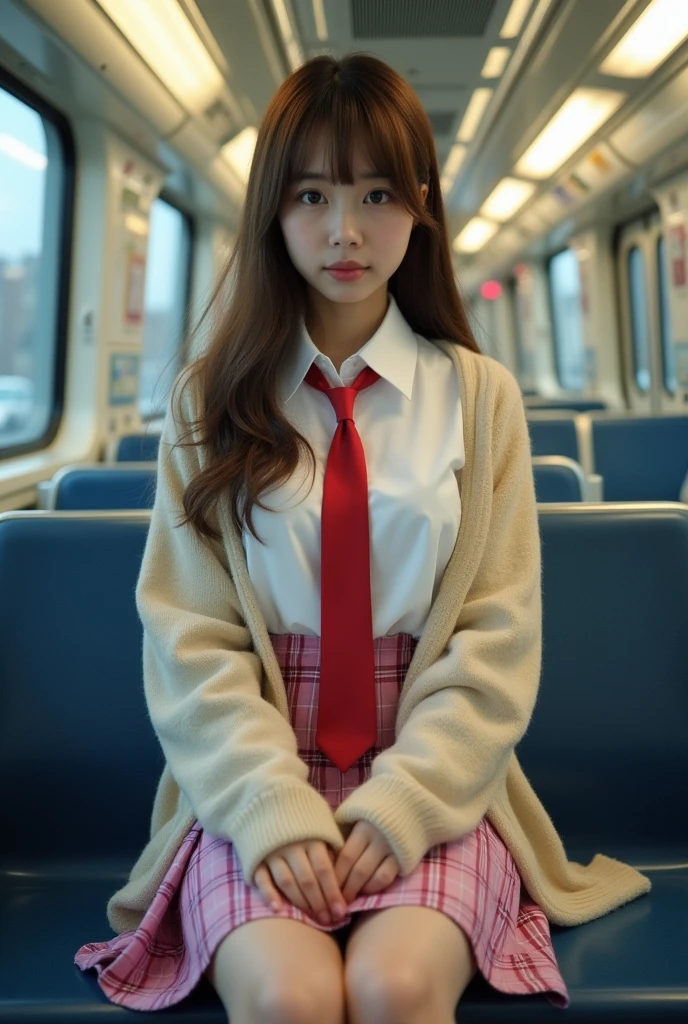 real photo,japan,from front view,twilight,in the train background,[tan skin,young female japanese,20 ages,groomed light brown long hair,black eye,big busty boobs,beautiful face,],((((outfit,loose opened white shirt,"red tie",pink plaid pattern school mini skirt,white baggy socks,beige school cardigan)))),[sitting on seat,],