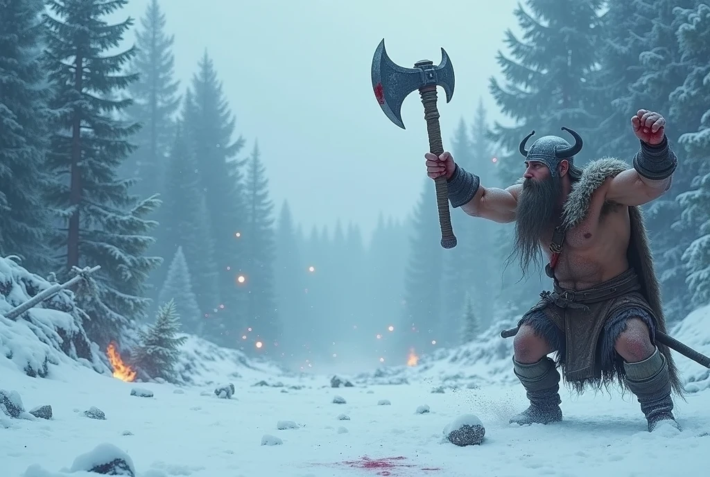 a bearded viking helmet horn axe in hand blood on axe arms up in joy 
