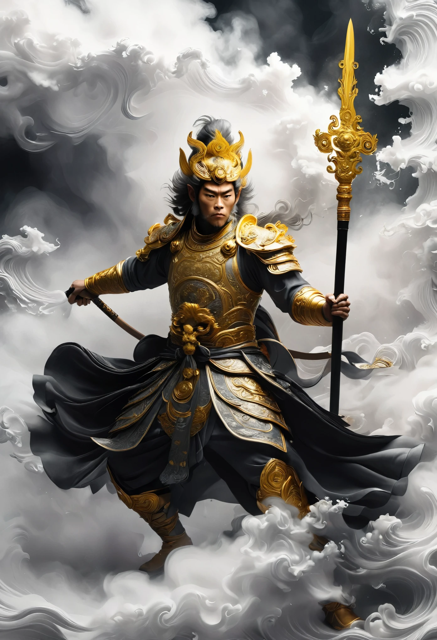 /I Sun Wukong, the Monkey King of Chinese mythology, is depicted wearing ornate armor and wielding his golden staff, Minimalist black and white ink painting, vector art style,Golden Hoop Rod made of swirling smoke around him, isolated on a solid color background, inspired by the work of Kentaro Miura's manga, high-contrast shadows, dark fantasy, realistic textures, watercolor splashes, cinematic lighting, dramatic, dark black and grey colors, visible paper texture. --ar 67:120 --stylize 50 --v 6.1

