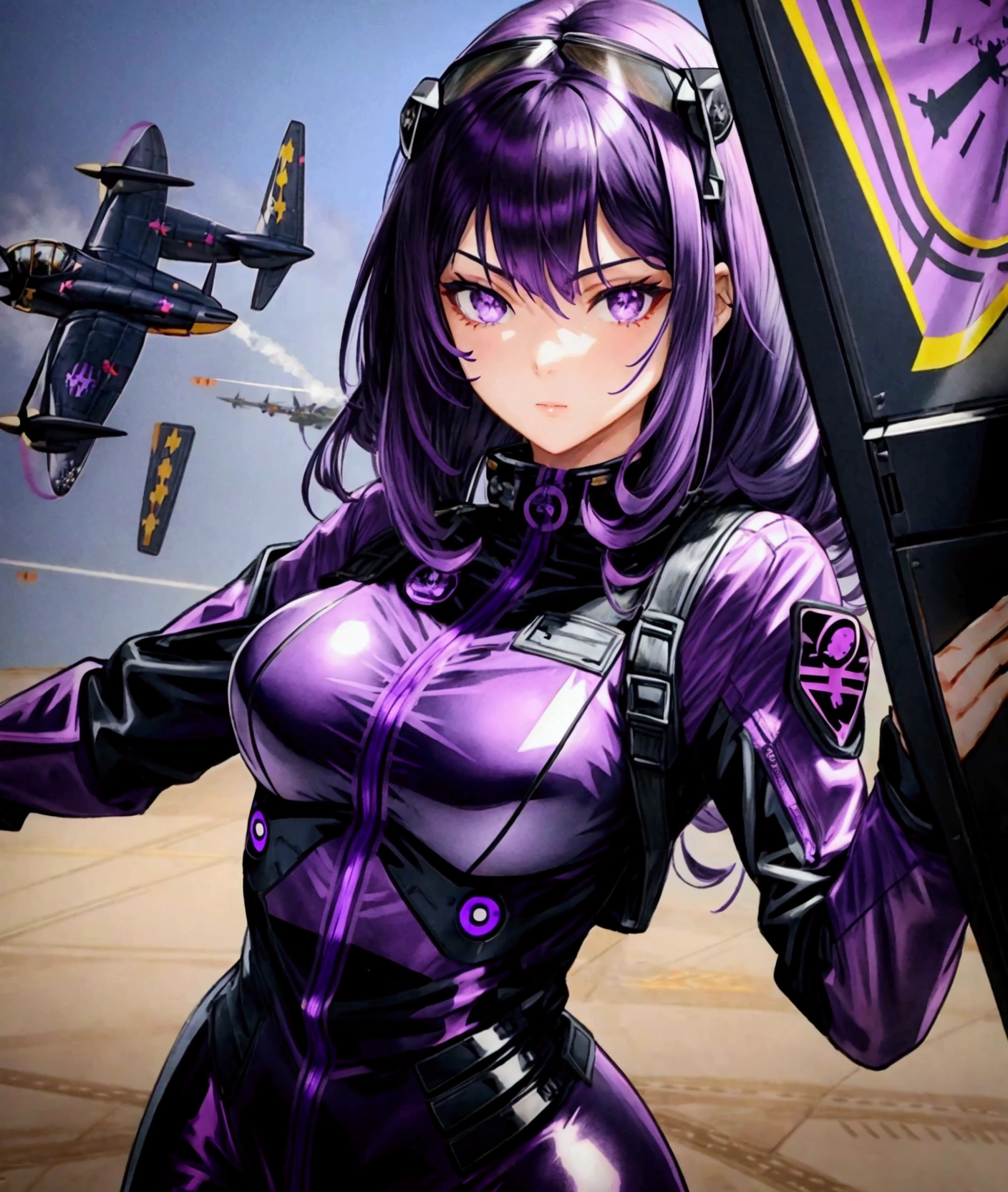 (medium hair),(purple hair),(beautiful girl),(black pilot suit),(purple eyes),(battle field)