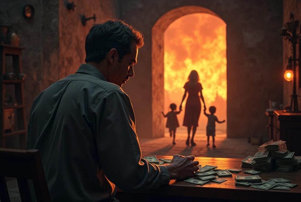 A father is busy counting money, alone and unpreocupied, having turned his back. A mother and her Kids are playing far away, very close to the firey gates of hell. The devil is welcoming the kids.