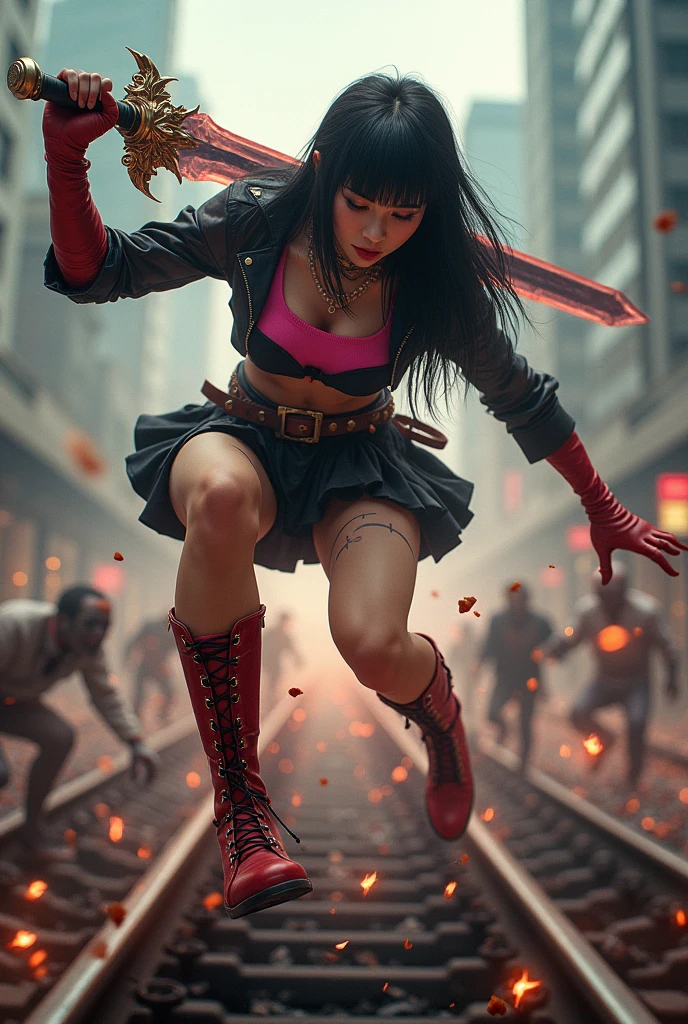 Pop punk style, low-angle shot, close-up, a pretty Asian girl long black hair bang ( lalisa style) as warrior wearing a black & pink top and short black skirt, leather red boots flying in the air, on the train roof, action pose, using a large holy crystalsword fighting to zombies army, epic body dynamics, a highly detailed masterpiece, gigantism, dramatic cinematic lighting, tons of flying debris around her, epic and dynamic composition, complex details, CarnageStyle, intensity