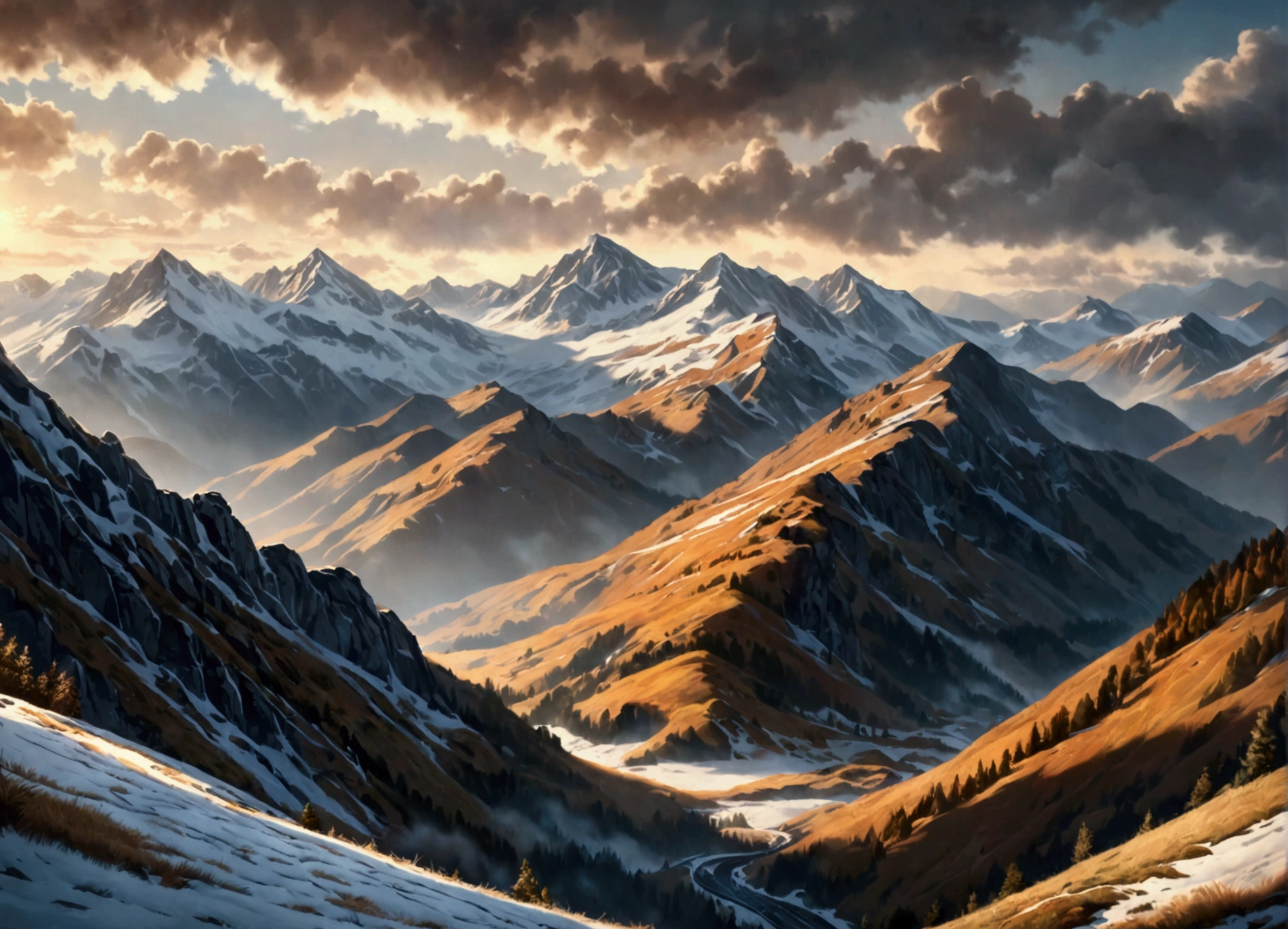 a man seeing mountains, detailed portrait, hyperrealistic, (best quality,4k,8k,highres,masterpiece:1.2),ultra-detailed,(realistic,photorealistic,photo-realistic:1.37),dramatic lighting,stunning landscape, rolling hills, snow-capped peaks, moody atmosphere, warm color palette, cinematic composition, dramatic shadows, depth of field, natural setting