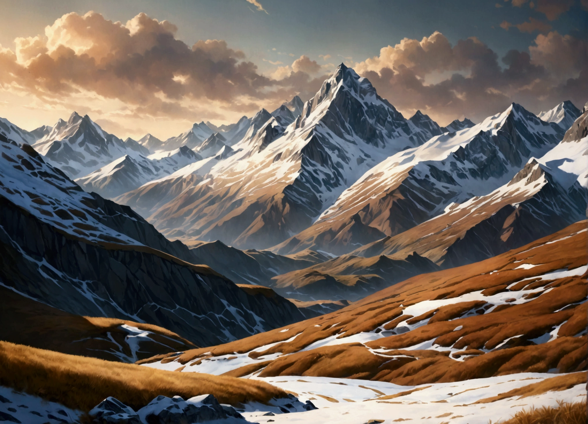 a man seeing mountains, detailed portrait, hyperrealistic, (best quality,4k,8k,highres,masterpiece:1.2),ultra-detailed,(realistic,photorealistic,photo-realistic:1.37),dramatic lighting,stunning landscape, rolling hills, snow-capped peaks, moody atmosphere, warm color palette, cinematic composition, dramatic shadows, depth of field, natural setting