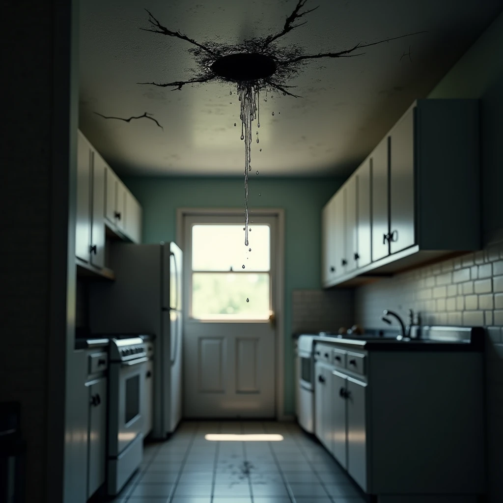 ceiling leaking with water ,in a kitchen,small crack