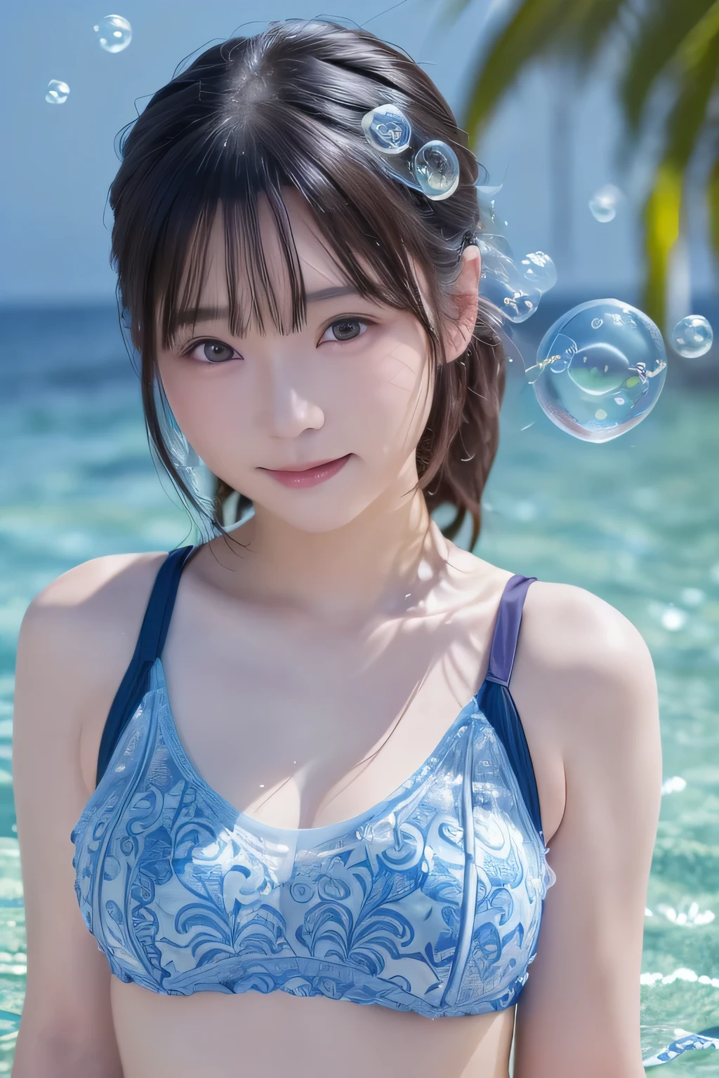 (8k、masterpiece, Highest quality, High resolution,Super Resolution,Very detailed)、solo、Half Smile、 (Face shot close up)、(bubble design:1.3)、Swimwear、Ocean、(professional light and shadow:1.3)、((damask patterns))