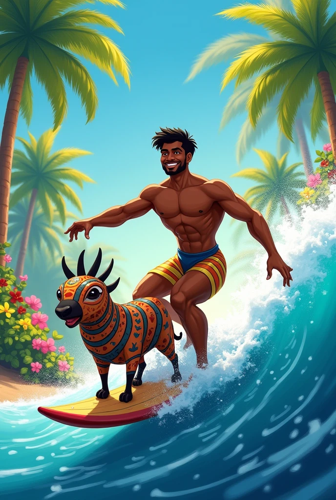 A Disney image with a Venezuelan black man accompanied by a Peruvian huaco doll surfing