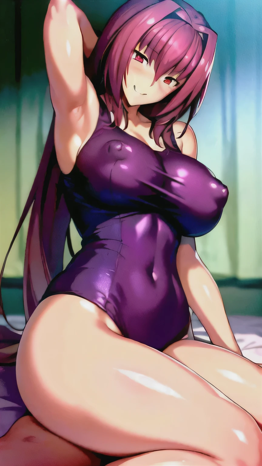 ((masterpiece)),((Write neatly and in detail)),((Beautiful and pretty older sister)),Slim and glamorous body,fate,(Scathach),blush,smile,(School Swimsuit),Full nudity,(Showing boobs),((Pink nipples)),bedroom