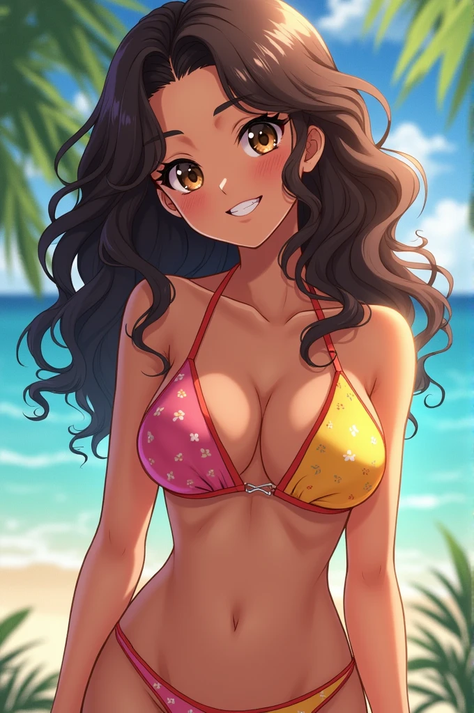 Beautiful anime girl with brown skin and curly hair, wearing a short bikini and smiling at the camera 