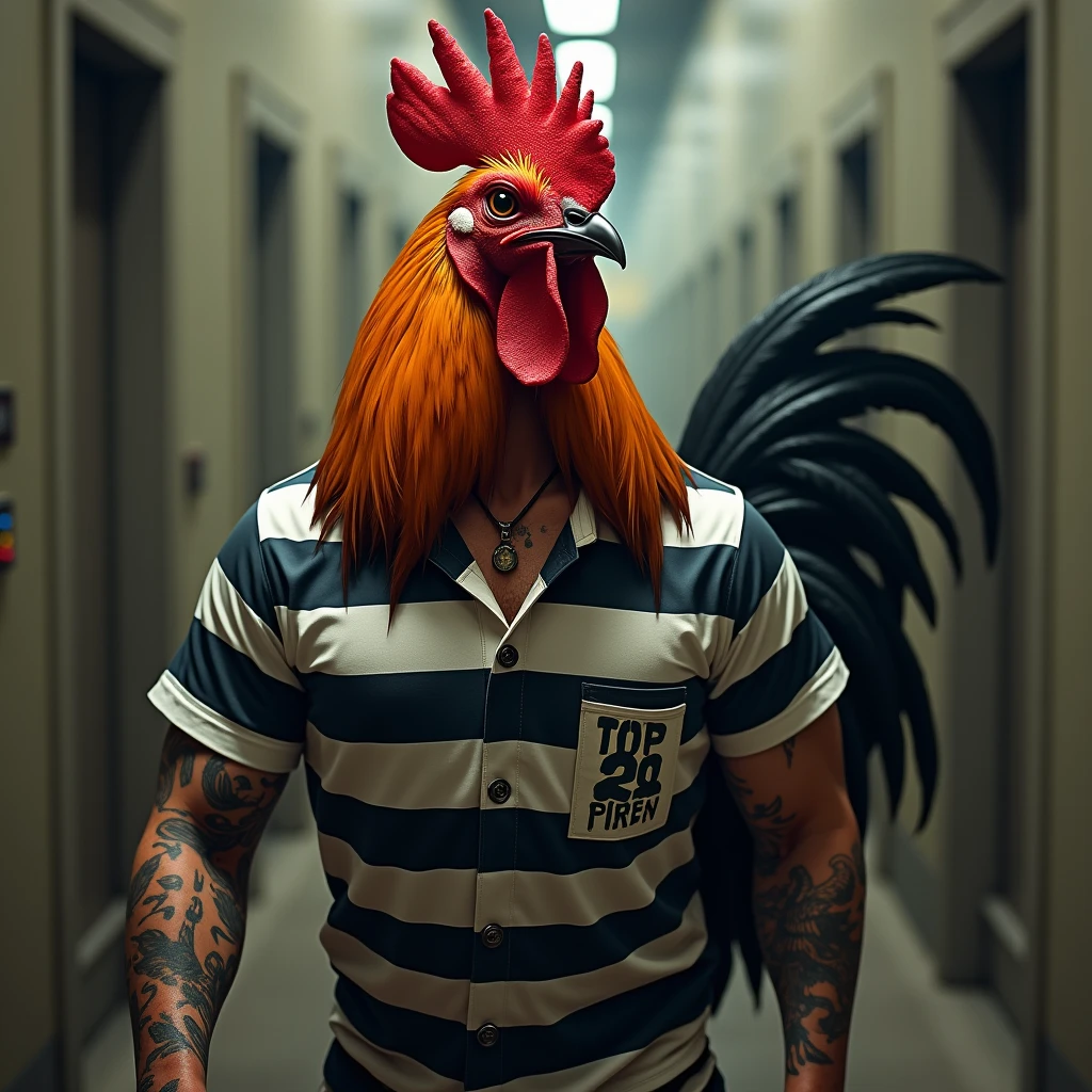 realistic image of a rooster with red orange and black feathers, wearing black and white striped prison clothes, with tattoos, being taken to prison