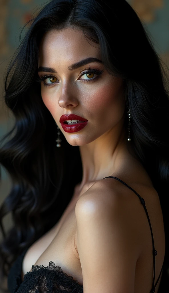 nsfw, 1mature adult woman, solo, a bewitching vamp, sexy MILF, evil femme fatale, lady from hell, vampire beauty, femme fatale, evil apostle of darkness, peerless beauty, a Vampire Kiss, Long, wavy, shiny black hair, arched eyebrows, double eyelids, golden eyes, a beautiful nose, Beautiful nostrils, (A evil smile that lifts the corners of her mouth),(Dark lips, glossy lips), Fangs, tongue, saliva, dripping of saliva, Focus only on the mouth, Woman mouth close up, glamorous, soft and curvy, Neck, collarbone, cleavage, saggy huge breasts, from front, from below, perfect anatomy, ideal facial features, ideally proportioned figure, perfectly beautiful body, super detailed skin, glossy skin, Beautifully detailed mouth, beautifully detailed teeth, beautifully detailed fangs, beautifully detailed tongue, beautifully detailed lips, masterpiece, incredibly absurd res, absolutely resolution, ultra high res,
