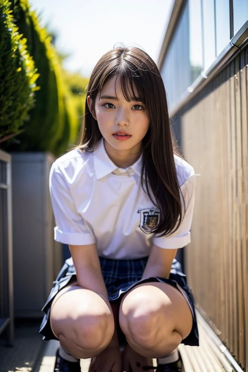 masterpiece, best quality, illustration, Super detailed, fine details, High resolution, 8K,wall paper, perfect dynamic composition,(Details High quality, realistic depiction of eyes:1.3), (urinal)、(white school shirt :1.2), (plaid skirt :1.3), large breasts, expresses the roundness and softness of your chest, Don't expose it、Disturbed uniform, black hair color, Big Natural Color Lip, perfect body shape, crying a little、Harajuku style、20 year old girl、cute type, beautiful legs, Gravure Idol