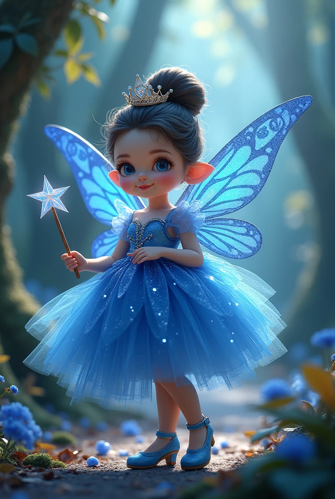 Show me a picture of a little fairy who wore princess dress in a glittery indigo colour with crown on her head and a magic stick in her hand and she have a glittery indigo colour wings and the size of her wings is one and half of her size and she's a month old and she wore heels too and she have a big bun on her head