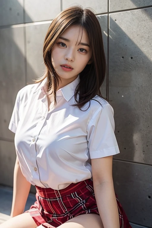 masterpiece, best quality, illustration, Super detailed, fine details, High resolution, 8K,wall paper, perfect dynamic composition,(Details High quality, realistic depiction of eyes:1.3),  (urinal)、(white school shirt :1.2), (plaid skirt :1.3), large breasts, expresses the roundness and softness of your chest, Don't expose it、Disturbed uniform, black hair color, Big Natural Color Lip, perfect body shape, crying a little、Harajuku style、20 year old girl、cute type, beautiful legs, Gravure Idol