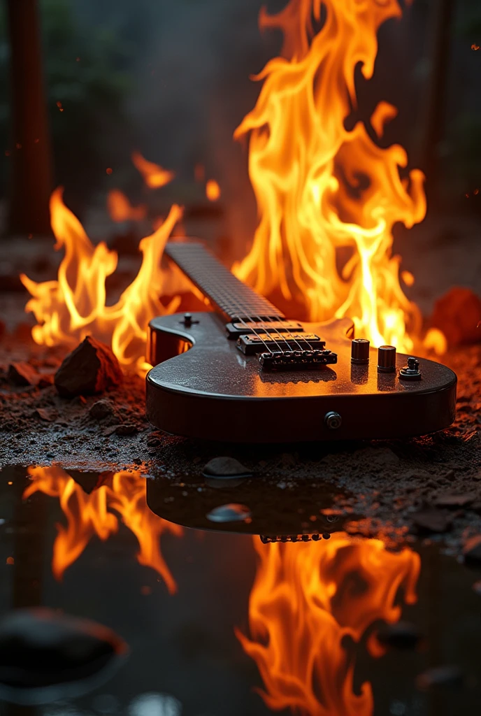  photo of guitar mirrored with fire