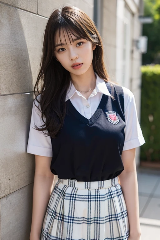 masterpiece, best quality, illustration, Super detailed, fine details, High resolution, 8K,wall paper, perfect dynamic composition,(Details High quality, realistic depiction of eyes:1.3), (urinal)、(white school shirt :1.2), (plaid skirt :1.3), large breasts, expresses the roundness and softness of your chest, Don't expose it、Disturbed uniform, black hair color, Big Natural Color Lip, perfect body shape, crying a little、Harajuku style、20 year old girl、cute type, beautiful legs, Gravure Idol