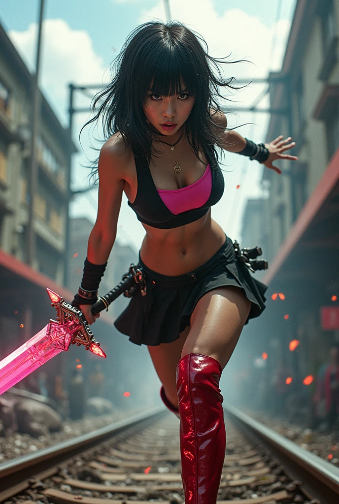 Pop punk style, low-angle shot, close-up, a pretty Asian girl long black hair bang ( lalisa style)  as warrior wearing a black & pink top and  short black skirt, leather red boots flying in the air, on the train roof, action pose, using a large holy crystalsword fighting to zombies army,  epic body dynamics, a highly detailed masterpiece, gigantism, dramatic cinematic lighting, tons of flying debris around her, epic and dynamic composition, complex details, CarnageStyle, intensity