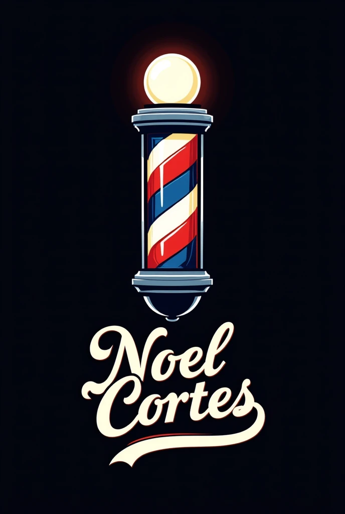 Faça uma logo de barbeiro com um símbolo 💈azul vermelho e branco escrita “Noel cortes” com o fundo preto e a fonte detalhada 