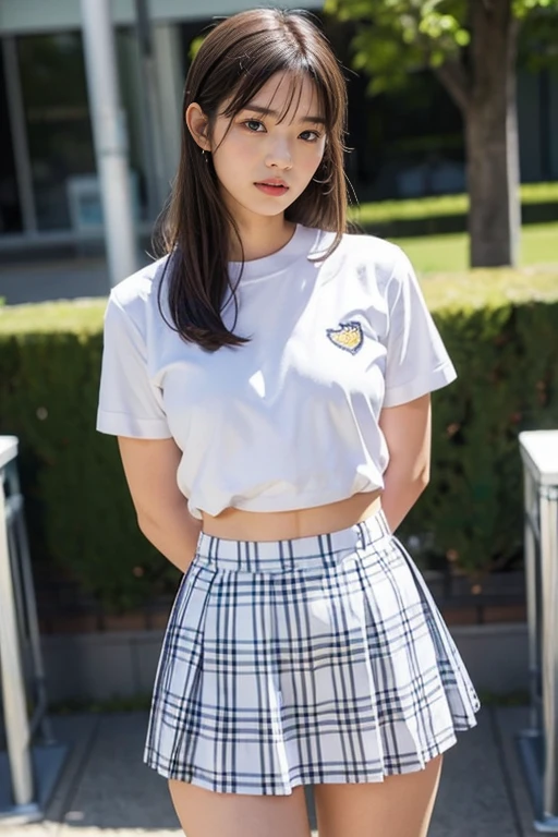 Japanese,17 years old,Innocent face,Teenage Girl,cute,Primary school students,Private elementary school,T-Shirts,mini skirt,Summer clothes,Are standing,City,In town,from the front,Close-up photo from the waist up,Double Bang,Blunt bangs,,short hair,Hair Clip,the wind is strong,Her skirt is rolled up,White panties,