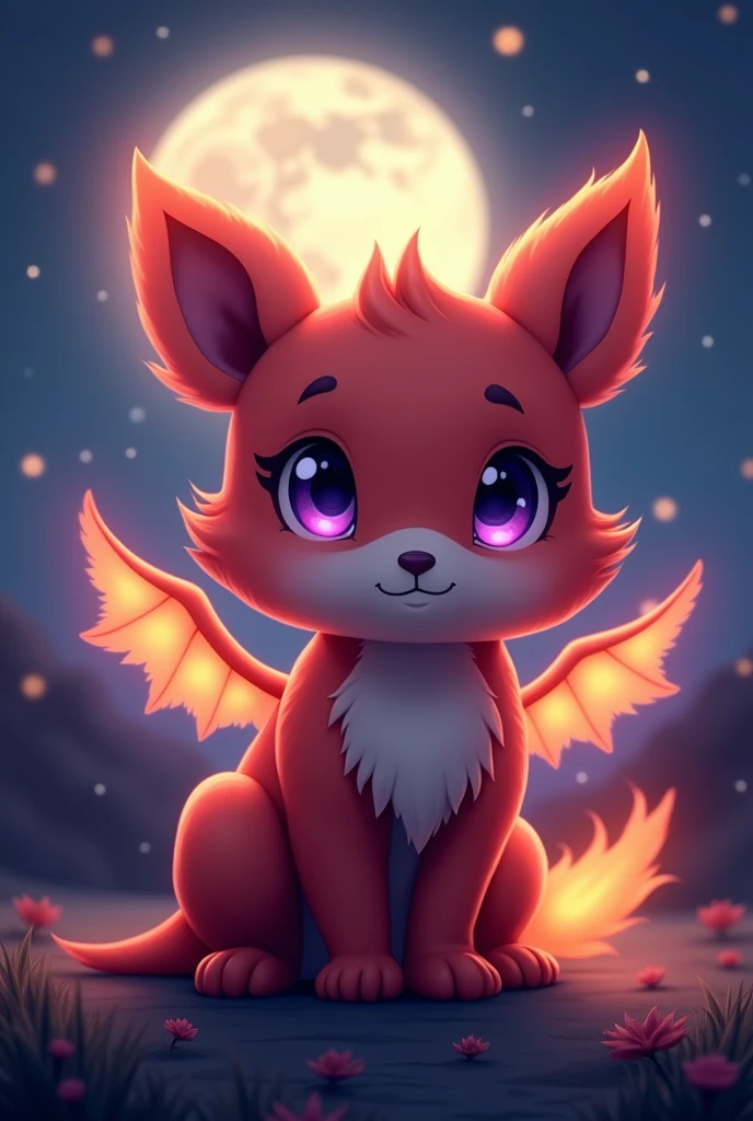 A cute little animal with a glow around it on a full moon night with purple eyes and wings of fire and the animal is red in color