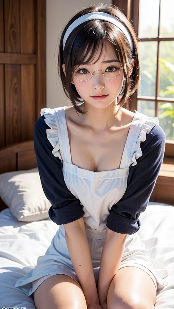 (masterpiece, Best Quality:1.2), 8K, 1 girl, 1 Japanese girl, 85 mm, Official art, Raw photo, Pretty Face, close up, face focus, cute Girl, Cinch waist, beauty thighs, soaking wet, sweat, medium breasts, frilled white apron on naked, frilled maid hairband, large round glasses, lying on bed, in a bedroom, Looking at Viewer, No makeup, (aroused, embarrassed, blush :1.2), Film grain, chromatic abberation, Sharp Focus, face lights, clear lighting, Teen, Detailed face, Bokeh background