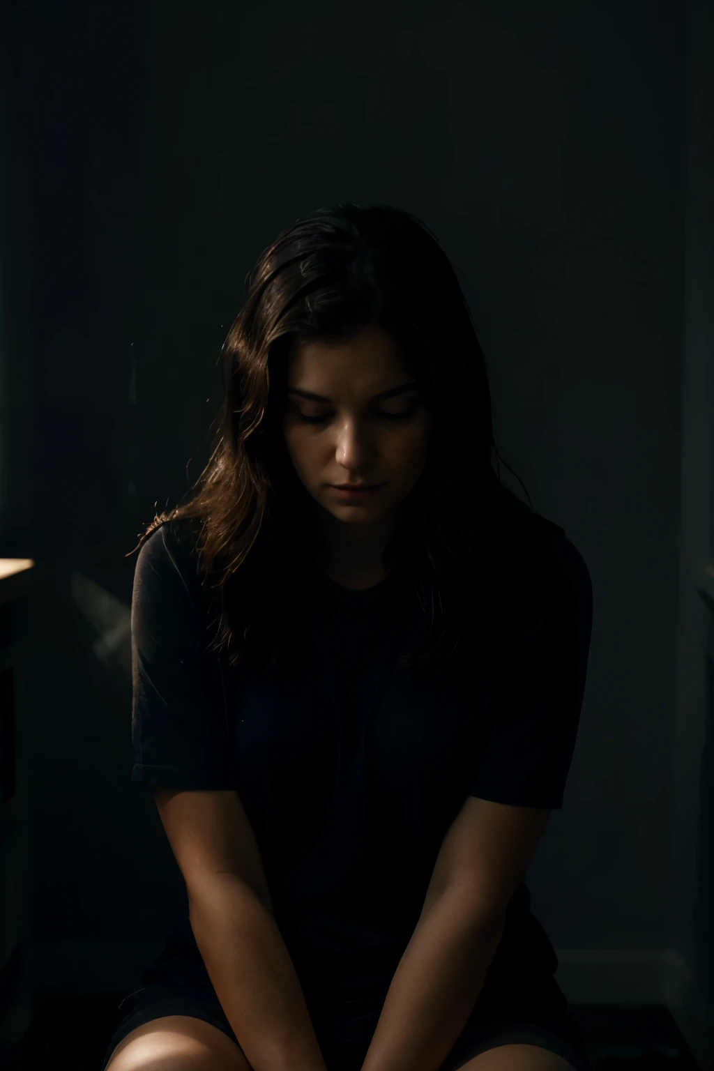 A 30-year-old woman sitting in a dark room, with his head in his hands, surrounded by an aura of dark mist symbolizing stress. A soft beam of light coming from above suggests hope and relief.