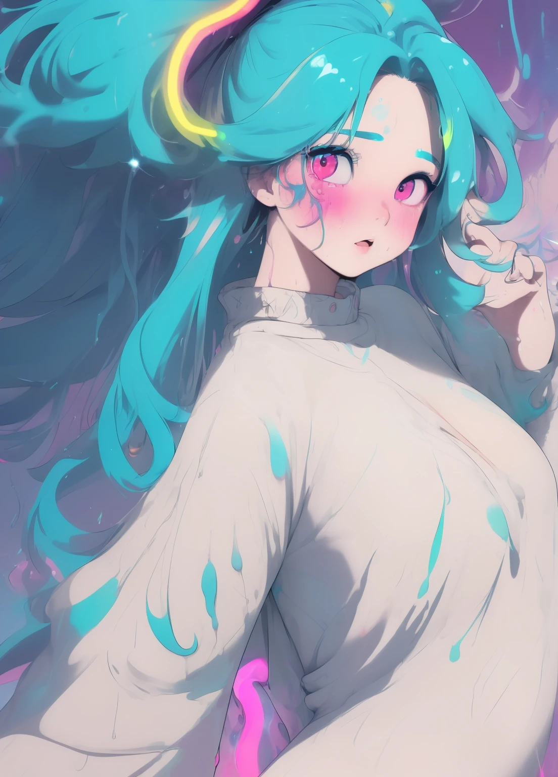 (masterpiece、Highest quality、Highest quality、Official Art、Beautiful and beautiful:1.2)、(One person:1.3)Hatsune Miku、Twin tails,Beautiful breasts, Katsushika Hokusai,Eyes that shine like jewels, Anime,(Sexy ass), Butt sticking out pose,((Upward glance:1.3, Perfect Eyes , The rainbow sparkles、Very detailed turquoise red eyes:1.1, Gradient Eye:1, Beautiful detailed eyes:1, Symmetrical eyes:1, Big Eye Highlights:1.2)), blush, (Open your mouth), anger,In a psychedelic room, (White skin: 1.5, Sunburned skin, White skin, very White skin, Bright body), Psychic Tranceのイラスト, Psychic Trance, psychedelic art style, Neon Color Theme, (((masterpiece))), (Complex), 8k, Highest quality, (Visual Strength: 1.5),
(((liquid paint hair:1.1))) ,(((Neon colored hair :1.5))), ((Painted、Defying Gravity,Thick flow),(Paint splashes:1.3), (Shiny Hair: 1.3), (Bright colors), Embarrassing,Centered,Scale to fit,Three-part method, A body nicely covered in paint on a multicolored background, Colorful Themes, Splash Paint Regeneration, Beautiful light, Colorful light particles,High contrast in clothing, Color Splash, Colored walls, Complex 詳細, High resolution, (Graffiti art)
