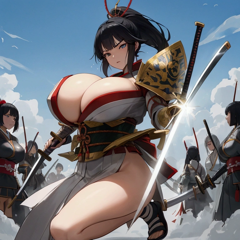 (Japanese women)、(Warrior Princess)、(War Goddess)、(Black Hair)、(ponytail)、(Old Japanese Armor)、((Holding a Japanese sword))、(True to prompts)、(upscale)、(Glaring with sharp eyes)、(Super big breasts),(battlefield)、((Many Enemies))、(sunny)、(blue sky)、(Best lighting)、{{{Browsing Caution}}}、{{{masterpiece}}}, {{{Highest quality}}}, {{ultra-detailed}}, {{shape}}, {{{Very delicate and beautiful}}},{{extremely detailed CG}}、{{unity 8k portrait}}、{{Fabric Shading}}、{{super detailed skin}}、{{Perfect Anatomy}}、{{detailed}}、{{Dynamic Lighting}}、{{{beautiful detailed eyes}}}、{{{beautiful detailed Face}}}、(Perfect Legs)、(Perfect breasts)、(Perfect pose)、(Perfect body)