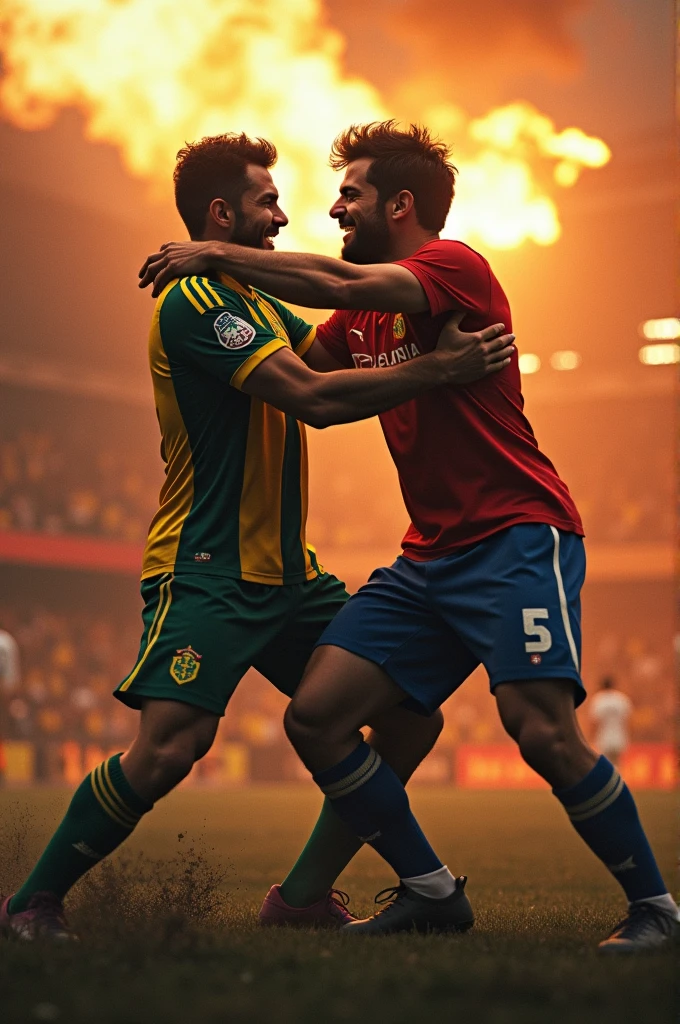 Create an image in a war scenario inside a football stadium with fire around, of a man wearing a Botafogo de Futebol e Regatas shirt beating another wearing a Palmeiras shirt, thus ending Palmeiras' pact with the devil.