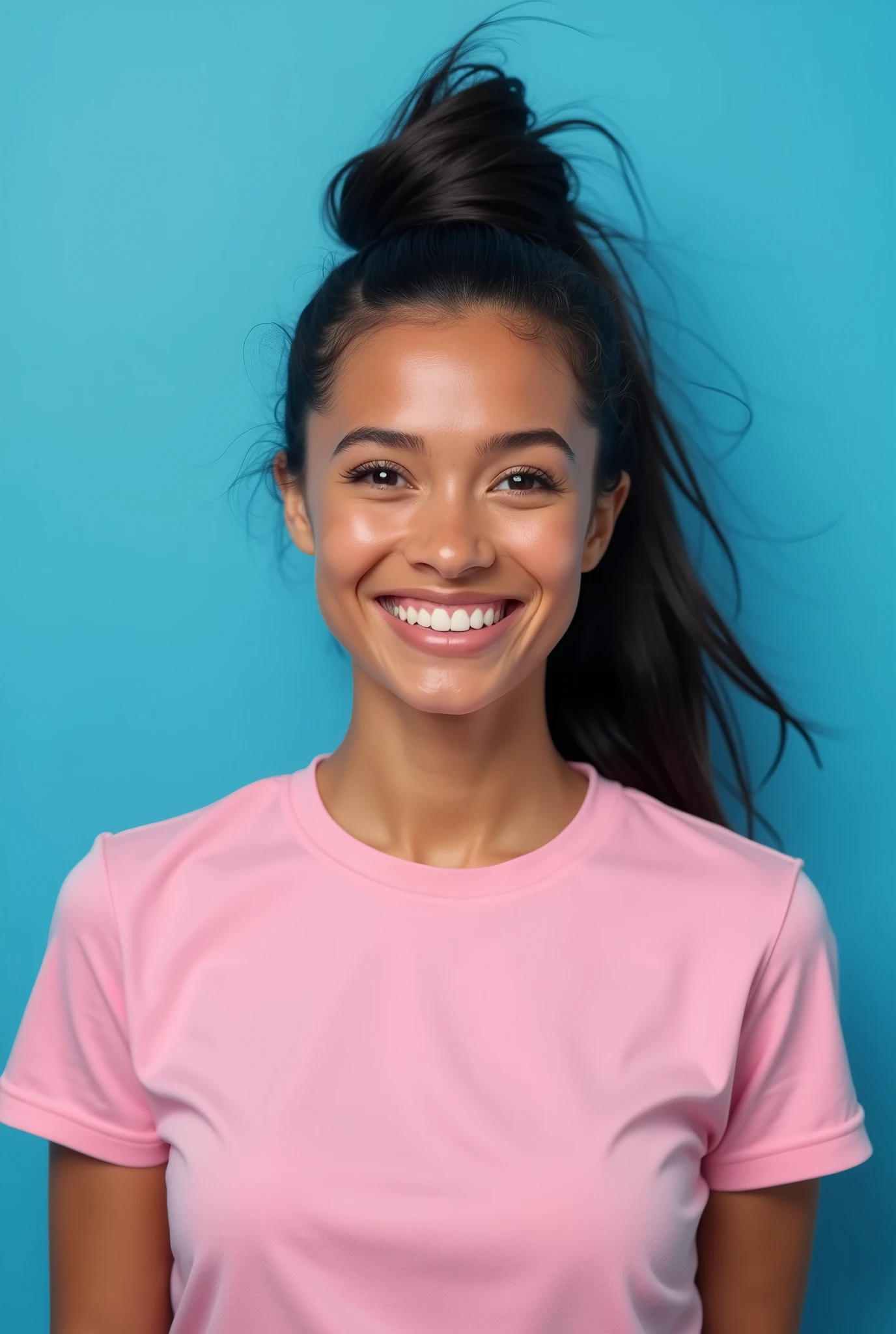 Horizontal image of cheerful and happy Brazilian woman with beautiful black hair and tied up in pink t-shirt mockup isolated over blue background with copy space for your promotional content. Human emotions and feelings