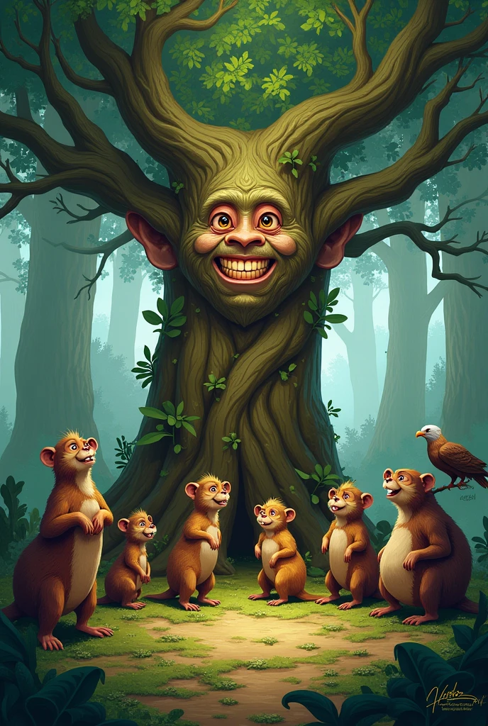 Illustration: Punong Hari with a wise expression, surrounded by curious animals. Monkey, Beavers, Eagle. The animals appear excited, with exaggerated expressions of eagerness as they listen to the tree.