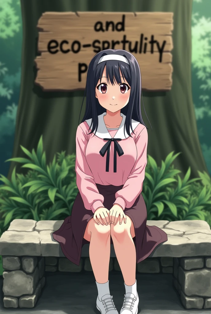 Image is a portrait-style photograph featuring a young woman sitting on a stone bench in an outdoor setting. She has medium-length black hair with a headband, and she is wearing a pink long-sleeve blouse with a black ribbon tie at the collar, paired with a dark brown skirt. She has a light to medium skin tone and is smiling gently at the camera. She is also wearing white socks and white sneakers. Behind her, there is a wooden sign with text that reads 'AND ECO-SPIRITUALITY PAR' in a rustic font, and lush green foliage is visible in the background, adding a natural and serene ambiance to the scene.