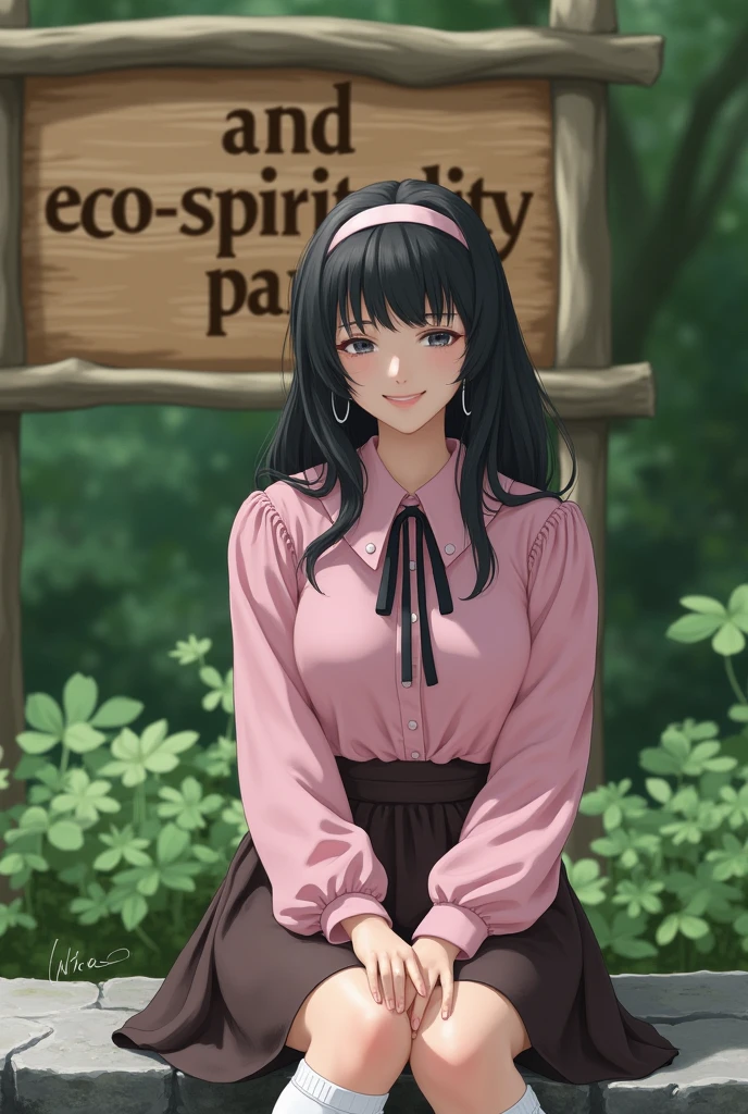 Image is a portrait-style photograph featuring a young woman sitting on a stone bench in an outdoor setting. She has medium-length black hair with a headband, and she is wearing a pink long-sleeve blouse with a black ribbon tie at the collar, paired with a dark brown skirt. She has a light to medium skin tone and is smiling gently at the camera. She is also wearing white socks and white sneakers. Behind her, there is a wooden sign with text that reads 'AND ECO-SPIRITUALITY PAR' in a rustic font, and lush green foliage is visible in the background, adding a natural and serene ambiance to the scene.
