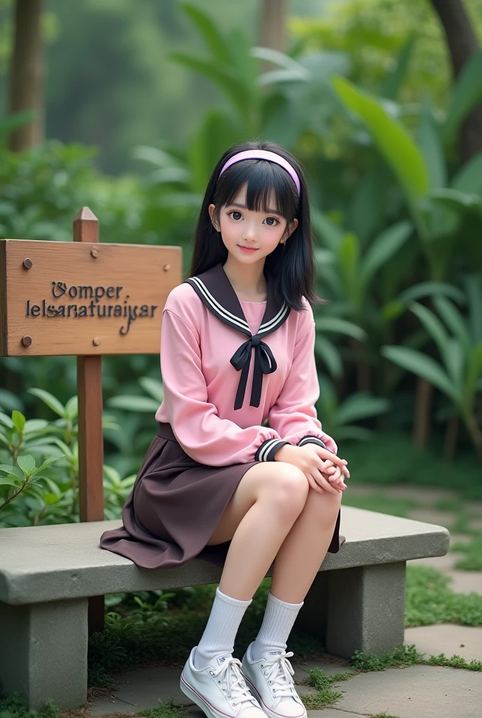 Image is a portrait-style photograph featuring a young woman sitting on a stone bench in an outdoor setting. She has medium-length black hair with a headband, and she is wearing a pink long-sleeve blouse with a black ribbon tie at the collar, paired with a dark brown skirt. She has a light to medium skin tone and is smiling gently at the camera. She is also wearing white socks and white sneakers. Behind her, there is a wooden sign with text that reads 'AND ECO-SPIRITUALITY PAR' in a rustic font, and lush green foliage is visible in the background, adding a natural and serene ambiance to the scene.
