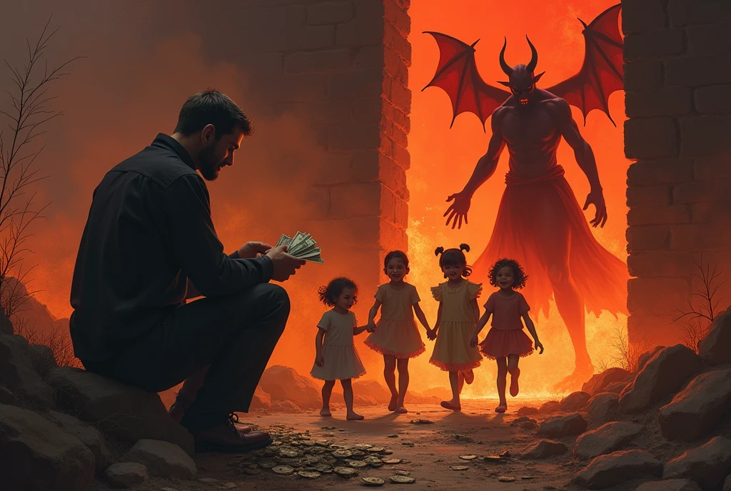 A father is busy counting money, alone and occupied.  A mother and her Kids are playing far away, very close to the firey gates of hell. The devil is welcoming the kids.
