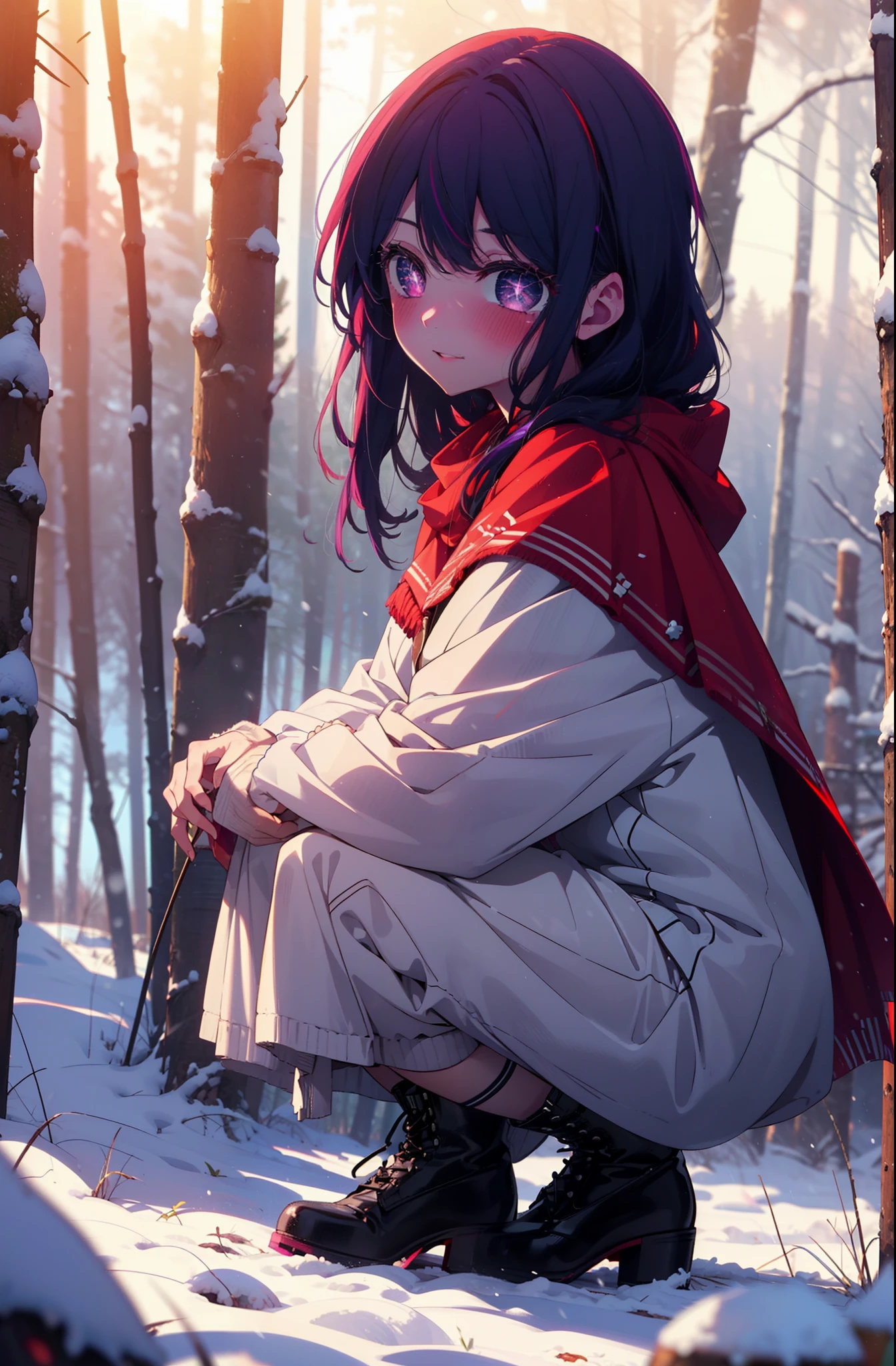 aihoshino, Ai Hoshino, Long Hair, bangs, (Purple eyes:1.1), Purple Hair, (Symbol-shaped pupil:1.5), smile,,smile,blush,white breath,
Open your mouth,snow,Ground bonfire, Outdoor, boots, snowing, From the side, wood, suitcase, Cape, Blurred, , forest, White handbag, nature, Squat, Mouth closed, Cape, winter, Written boundary depth, Black shoes, red Cape break looking at viewer, Upper Body, whole body, break Outdoor, forest, nature, break (masterpiece:1.2), Highest quality, High resolution, unity 8k wallpaper, (shape:0.8), (Beautiful and beautiful eyes:1.6), Highly detailed face, Perfect lighting, Extremely detailed CG, (Perfect hands, Perfect Anatomy),