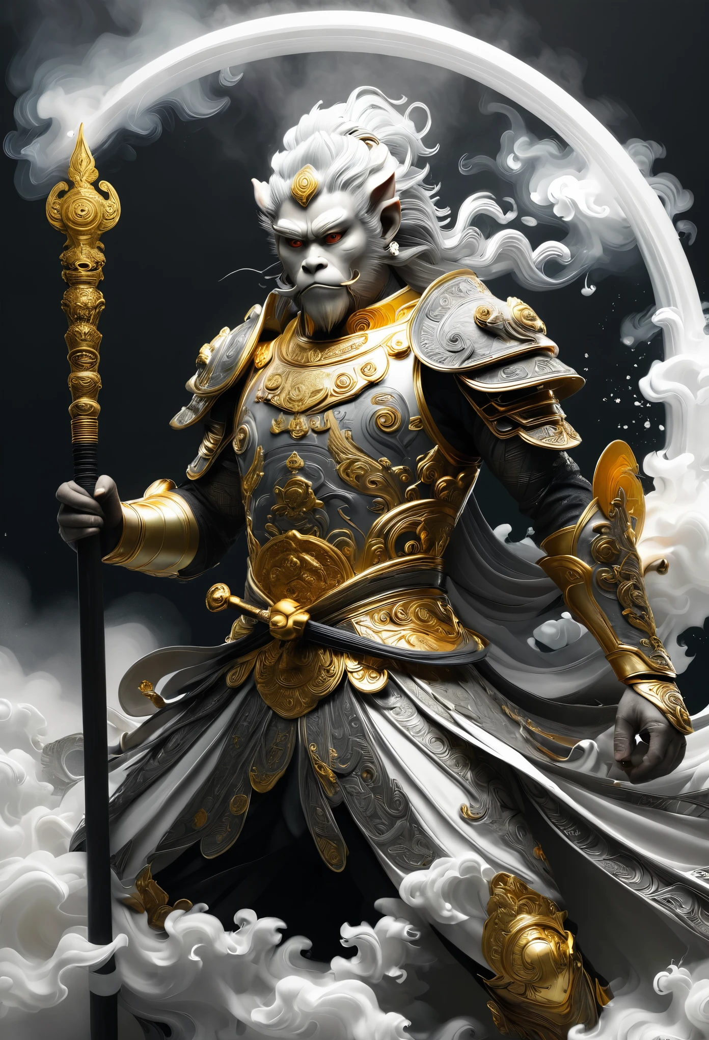 /I Sun Wukong, the Monkey King of Chinese mythology, is depicted wearing ornate armor and wielding his golden staff, Minimalist black and white ink painting, vector art style,Golden Hoop Rod made of swirling smoke around him, isolated on a solid color background, inspired by the work of Kentaro Miura's manga, high-contrast shadows, dark fantasy, realistic textures, watercolor splashes, cinematic lighting, dramatic, dark black and grey colors, visible paper texture. --ar 67:120 --stylize 50 --v 6.1

