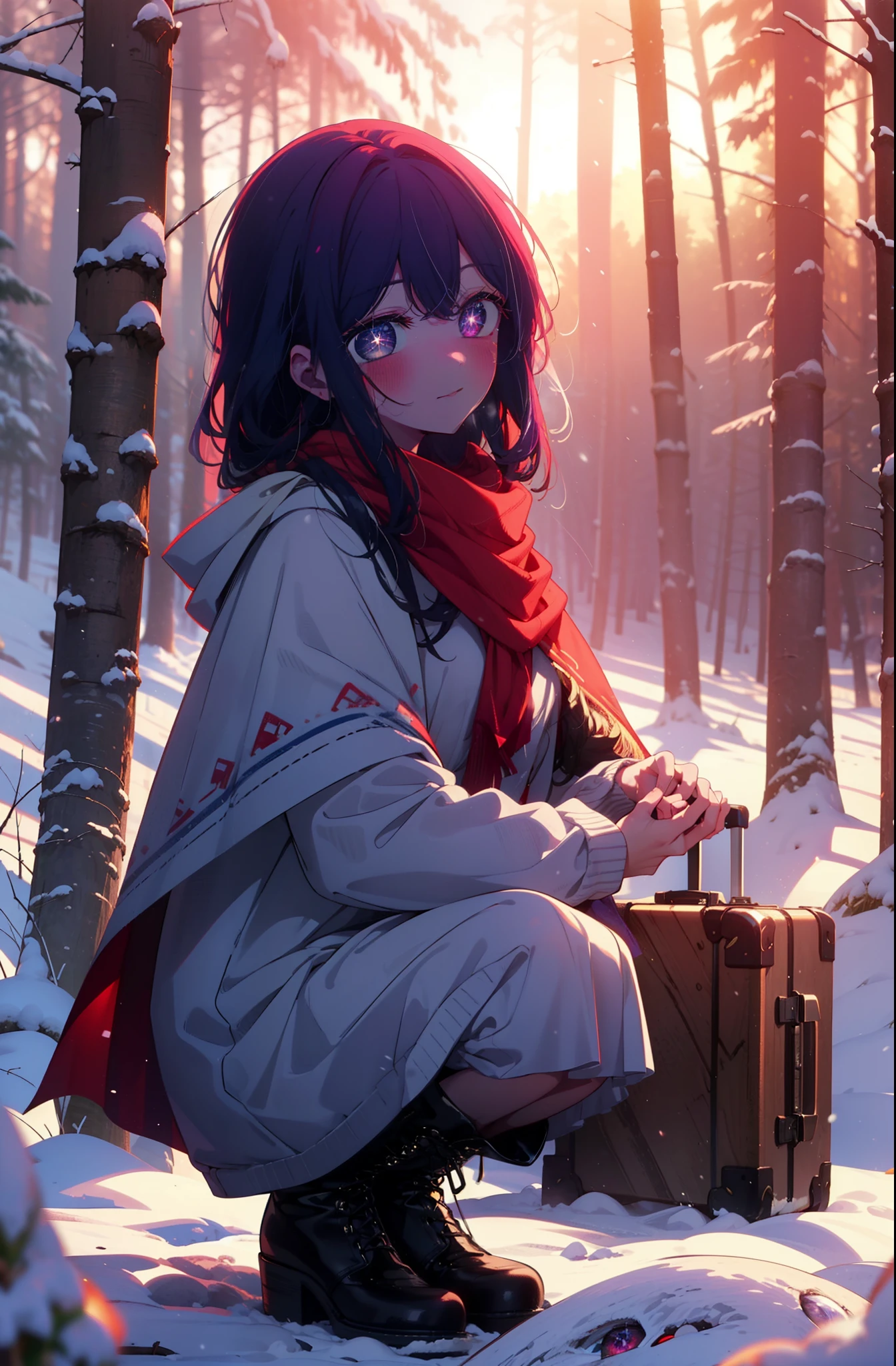 aihoshino, Ai Hoshino, Long Hair, bangs, (Purple eyes:1.1), Purple Hair, (Symbol-shaped pupil:1.5), smile,,smile,blush,white breath,
Open your mouth,snow,Ground bonfire, Outdoor, boots, snowing, From the side, wood, suitcase, Cape, Blurred, , forest, White handbag, nature, Squat, Mouth closed, Cape, winter, Written boundary depth, Black shoes, red Cape break looking at viewer, Upper Body, whole body, break Outdoor, forest, nature, break (masterpiece:1.2), Highest quality, High resolution, unity 8k wallpaper, (shape:0.8), (Beautiful and beautiful eyes:1.6), Highly detailed face, Perfect lighting, Extremely detailed CG, (Perfect hands, Perfect Anatomy),